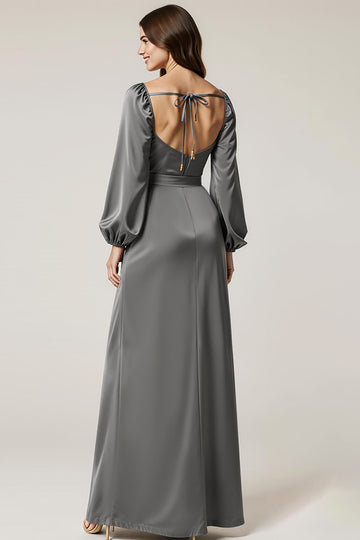 Dark Grey Satin Long Sleeve A Line Maxi Evening Dress